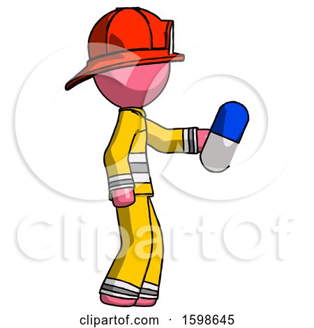 Pink Firefighter Fireman Man Holding Blue Pill Walking to Right by Leo Blanchette