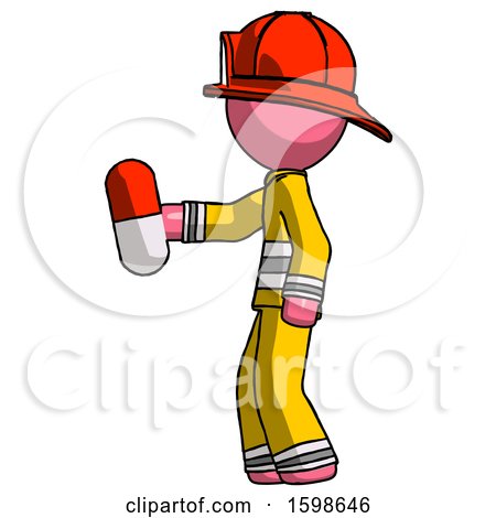 Pink Firefighter Fireman Man Holding Red Pill Walking to Left by Leo Blanchette
