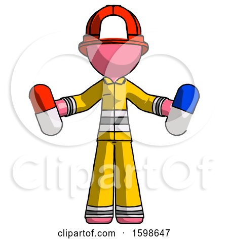 Pink Firefighter Fireman Man Holding a Red Pill and Blue Pill by Leo Blanchette