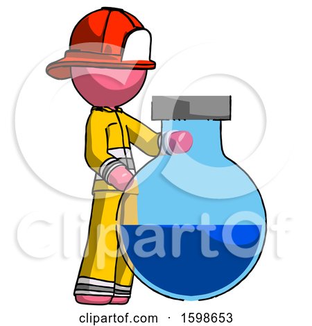 Pink Firefighter Fireman Man Standing Beside Large Round Flask or Beaker by Leo Blanchette