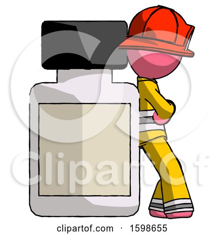 Pink Firefighter Fireman Man Leaning Against Large Medicine Bottle by Leo Blanchette