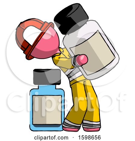 Pink Firefighter Fireman Man Holding Large White Medicine Bottle with Bottle in Background by Leo Blanchette