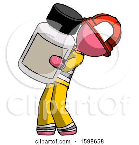 Pink Firefighter Fireman Man Holding Large White Medicine Bottle by Leo Blanchette
