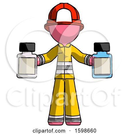 Pink Firefighter Fireman Man Holding Two Medicine Bottles by Leo Blanchette