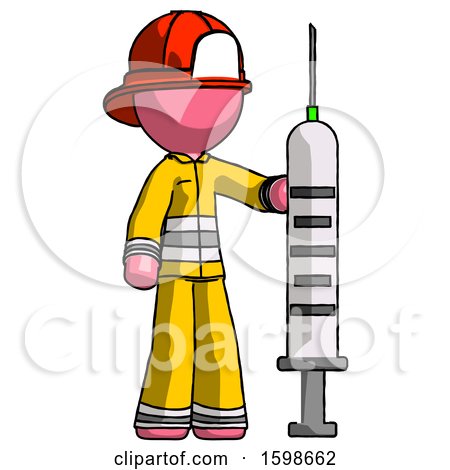 Pink Firefighter Fireman Man Holding Large Syringe by Leo Blanchette