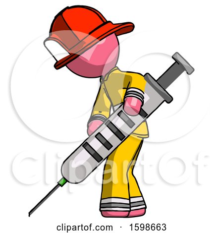 Pink Firefighter Fireman Man Using Syringe Giving Injection by Leo Blanchette
