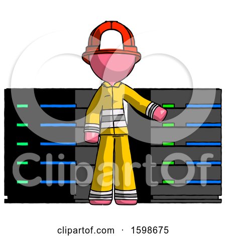 Pink Firefighter Fireman Man with Server Racks, in Front of Two Networked Systems by Leo Blanchette