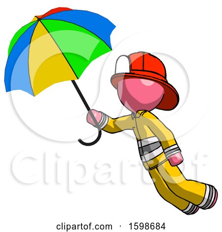 Pink Firefighter Fireman Man Flying with Rainbow Colored Umbrella by Leo Blanchette