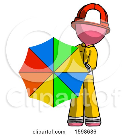 Pink Firefighter Fireman Man Holding Rainbow Umbrella out to Viewer by Leo Blanchette