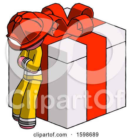 Pink Firefighter Fireman Man Leaning on Gift with Red Bow Angle View by Leo Blanchette