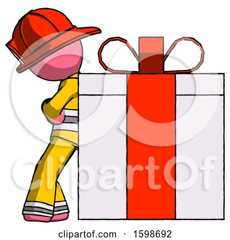 Pink Firefighter Fireman Man Gift Concept - Leaning Against Large Present by Leo Blanchette