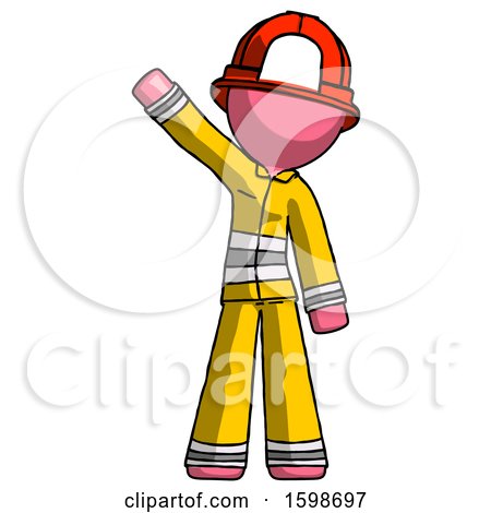 Pink Firefighter Fireman Man Waving Emphatically with Right Arm by Leo Blanchette
