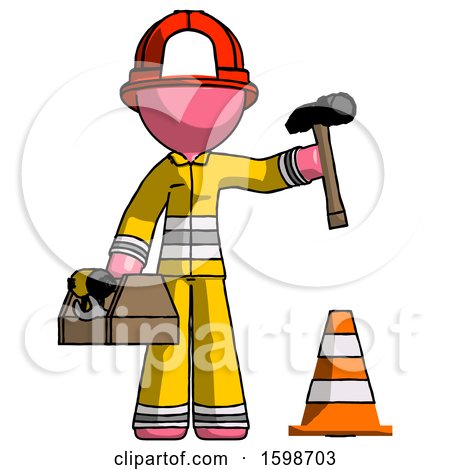 Pink Firefighter Fireman Man Under Construction Concept, Traffic Cone and Tools by Leo Blanchette