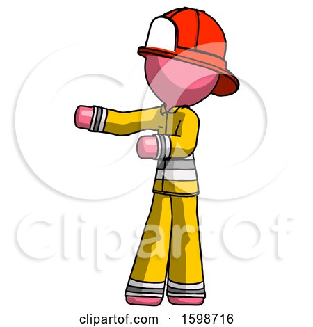Pink Firefighter Fireman Man Presenting Something to His Right by Leo Blanchette