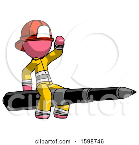 Pink Firefighter Fireman Man Riding a Pen like a Giant Rocket by Leo Blanchette