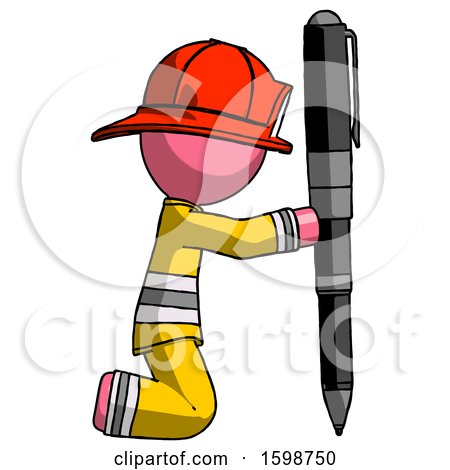 Pink Firefighter Fireman Man Posing with Giant Pen in Powerful yet Awkward Manner. by Leo Blanchette