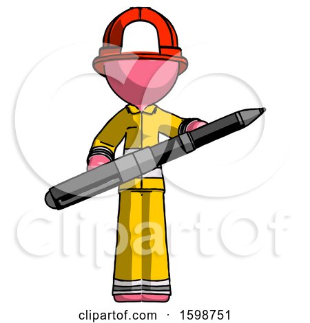 Pink Firefighter Fireman Man Posing Confidently with Giant Pen by Leo Blanchette
