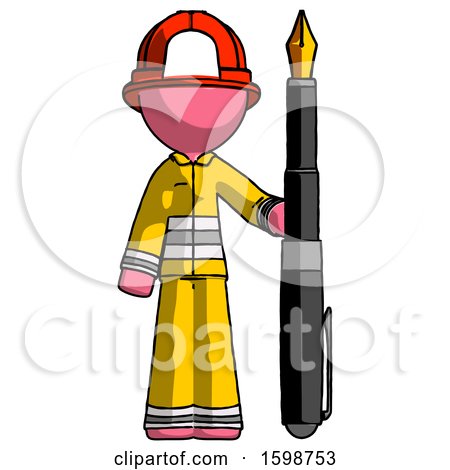 Pink Firefighter Fireman Man Holding Giant Calligraphy Pen by Leo Blanchette