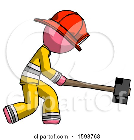 Pink Firefighter Fireman Man Hitting with Sledgehammer, or Smashing Something by Leo Blanchette