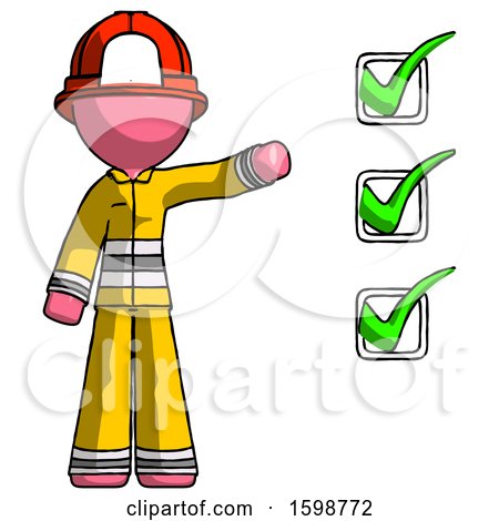 Pink Firefighter Fireman Man Standing by List of Checkmarks by Leo Blanchette