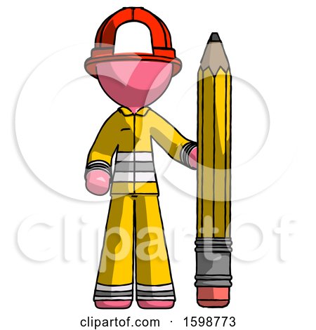 Pink Firefighter Fireman Man with Large Pencil Standing Ready to Write by Leo Blanchette