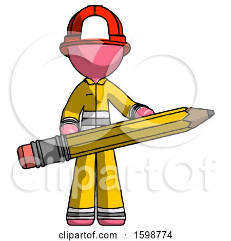 Pink Firefighter Fireman Man Writer or Blogger Holding Large Pencil by Leo Blanchette