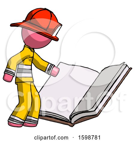 Pink Firefighter Fireman Man Reading Big Book While Standing Beside It by Leo Blanchette