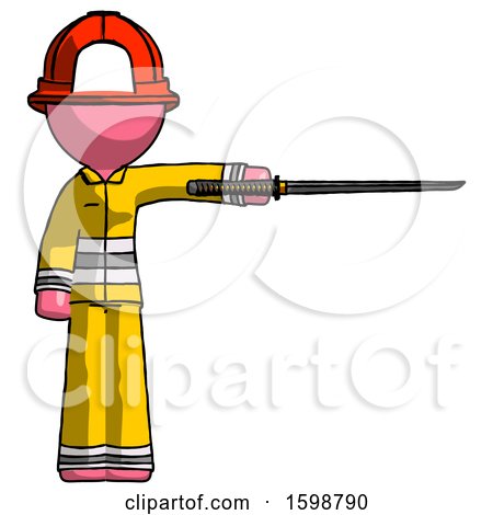 Pink Firefighter Fireman Man Standing with Ninja Sword Katana Pointing Right by Leo Blanchette