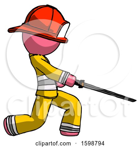 Pink Firefighter Fireman Man with Ninja Sword Katana Slicing or Striking Something by Leo Blanchette