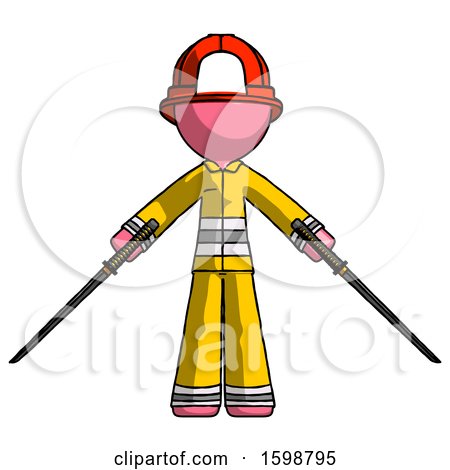 Pink Firefighter Fireman Man Posing with Two Ninja Sword Katanas by Leo Blanchette