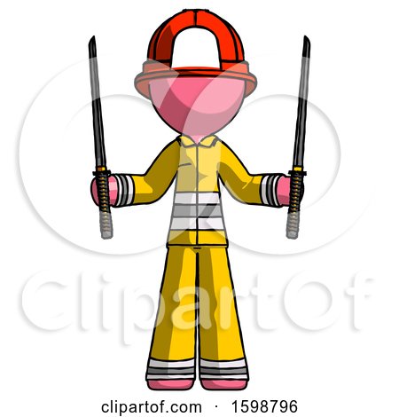 Pink Firefighter Fireman Man Posing with Two Ninja Sword Katanas up by Leo Blanchette