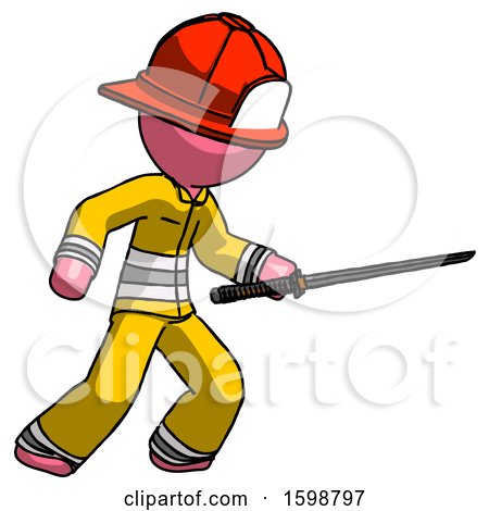 Pink Firefighter Fireman Man Stabbing with Ninja Sword Katana by Leo Blanchette