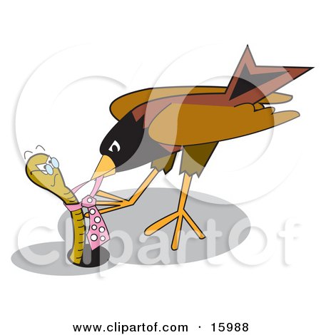 Robin Bird Pecking At An Aggressive Worm's Tie Clipart Illustration by Andy Nortnik