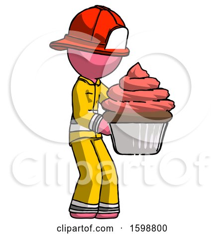 Pink Firefighter Fireman Man Holding Large Cupcake Ready to Eat or Serve by Leo Blanchette