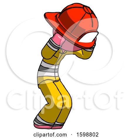 Pink Firefighter Fireman Man with Headache or Covering Ears Turned to His Right by Leo Blanchette