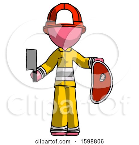 Pink Firefighter Fireman Man Holding Large Steak with Butcher Knife by Leo Blanchette