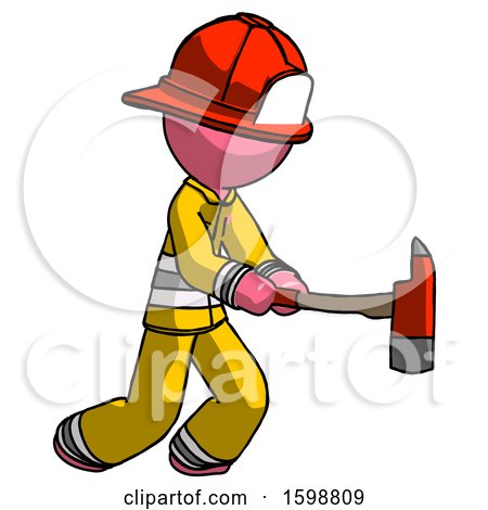 Pink Firefighter Fireman Man with Ax Hitting, Striking, or Chopping by Leo Blanchette