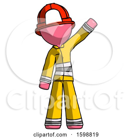 Pink Firefighter Fireman Man Waving Emphatically with Left Arm by Leo Blanchette