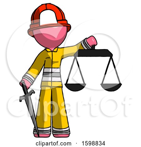 Pink Firefighter Fireman Man Justice Concept with Scales and Sword, Justicia Derived by Leo Blanchette