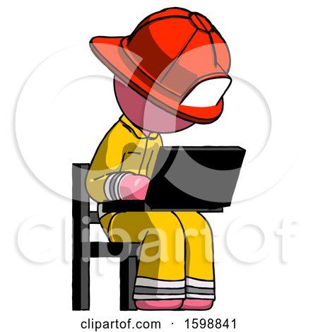 Pink Firefighter Fireman Man Using Laptop Computer While Sitting in Chair Angled Right by Leo Blanchette