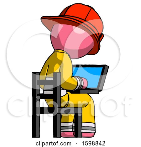 Pink Firefighter Fireman Man Using Laptop Computer While Sitting in Chair View from Back by Leo Blanchette