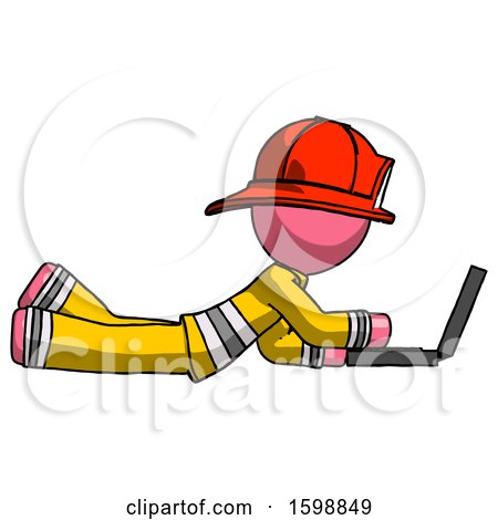 Pink Firefighter Fireman Man Using Laptop Computer While Lying on Floor Side View by Leo Blanchette