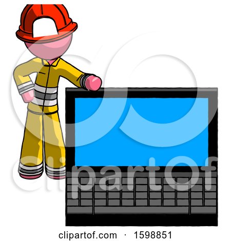 Pink Firefighter Fireman Man Beside Large Laptop Computer, Leaning Against It by Leo Blanchette