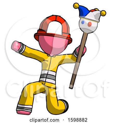Pink Firefighter Fireman Man Holding Jester Staff Posing Charismatically by Leo Blanchette