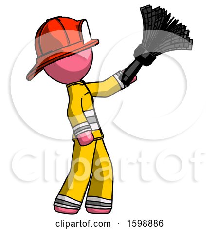 Pink Firefighter Fireman Man Dusting with Feather Duster Upwards by Leo Blanchette