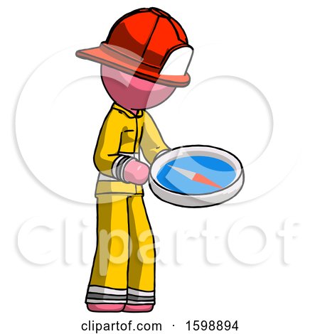 Pink Firefighter Fireman Man Looking at Large Compass Facing Right by Leo Blanchette