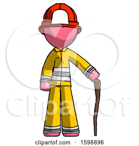 Pink Firefighter Fireman Man Standing with Hiking Stick by Leo Blanchette