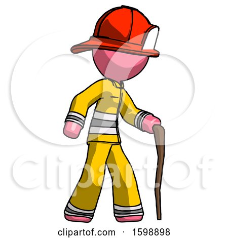 Pink Firefighter Fireman Man Walking with Hiking Stick by Leo Blanchette