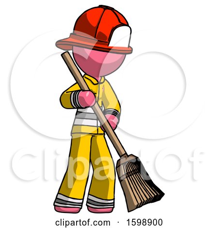Pink Firefighter Fireman Man Sweeping Area with Broom by Leo Blanchette