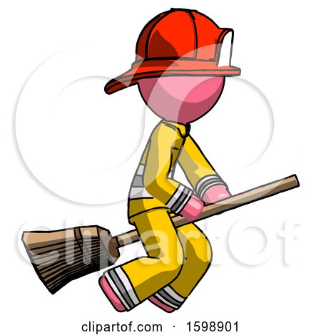 Pink Firefighter Fireman Man Flying on Broom by Leo Blanchette